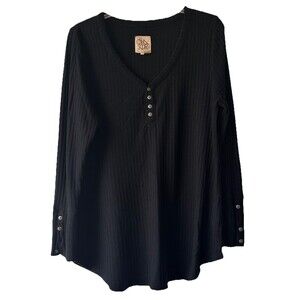 Chaser Women's Long Sleeve Thermal Waffle Knit Henley Shirt Black Size XL